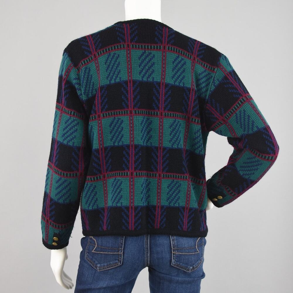 Tally-Ho Vintage 80s Plaid Cardigan, Black & Green, Women's Medium - Picture 8 of 10